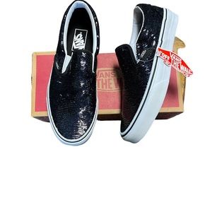 NIB Vans black and white micro sequins classic slip ons size 8.5